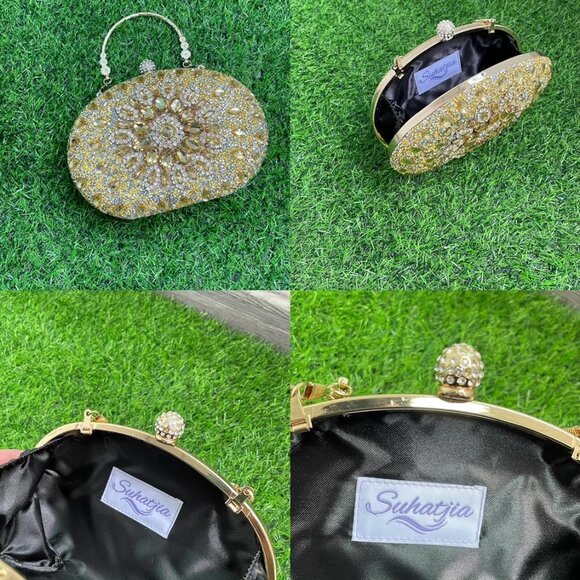 Rhinestone Evening Clutch Satin Gold Diamond Crystal Sparkle Bag for Women - Picture 6 of 8